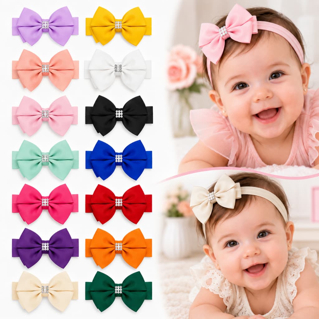 Kit 10 Tiaras Faixa de Cabelo Infantil Bebê Meia de Seda com Laços Lisos e Personagens