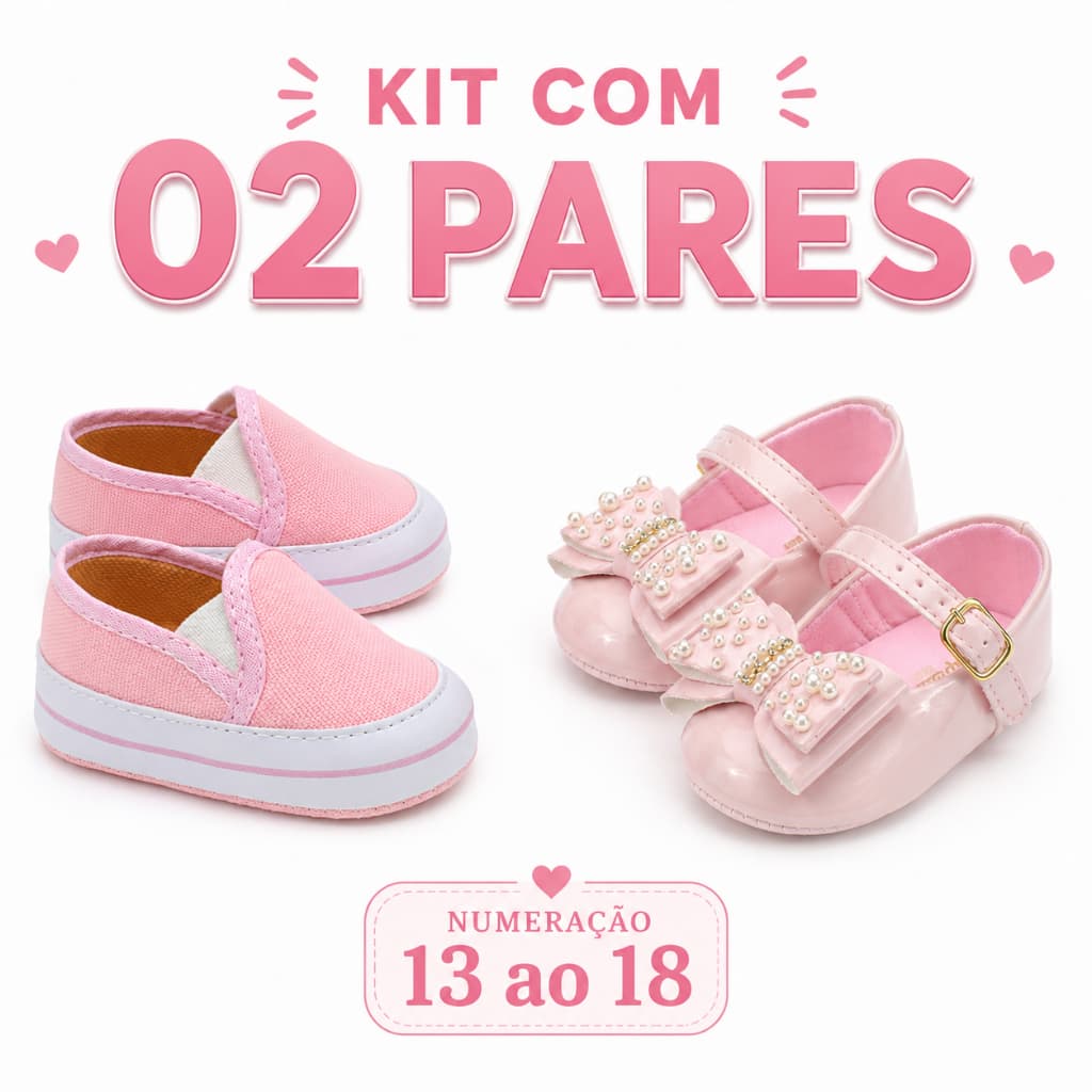 Kit 2 Pares Bebê Menina Slip On Rosa + Sapatilha Rosa com Laço Infantil Confortável Nº 13 ao 18