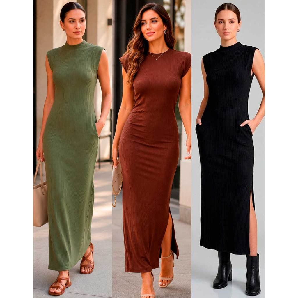 Vestido Longo Midi Muscle Feminino Fenda Lateral Canelada Longo Com Bolsos