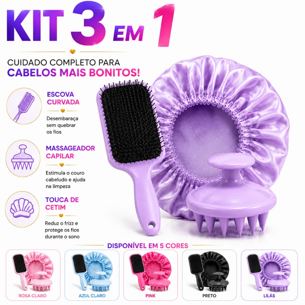 Kit Touca de Cetim Premium 3 em 1 Antifrizz + Escova Desembaraçadora Curvada + Massageador Capilar