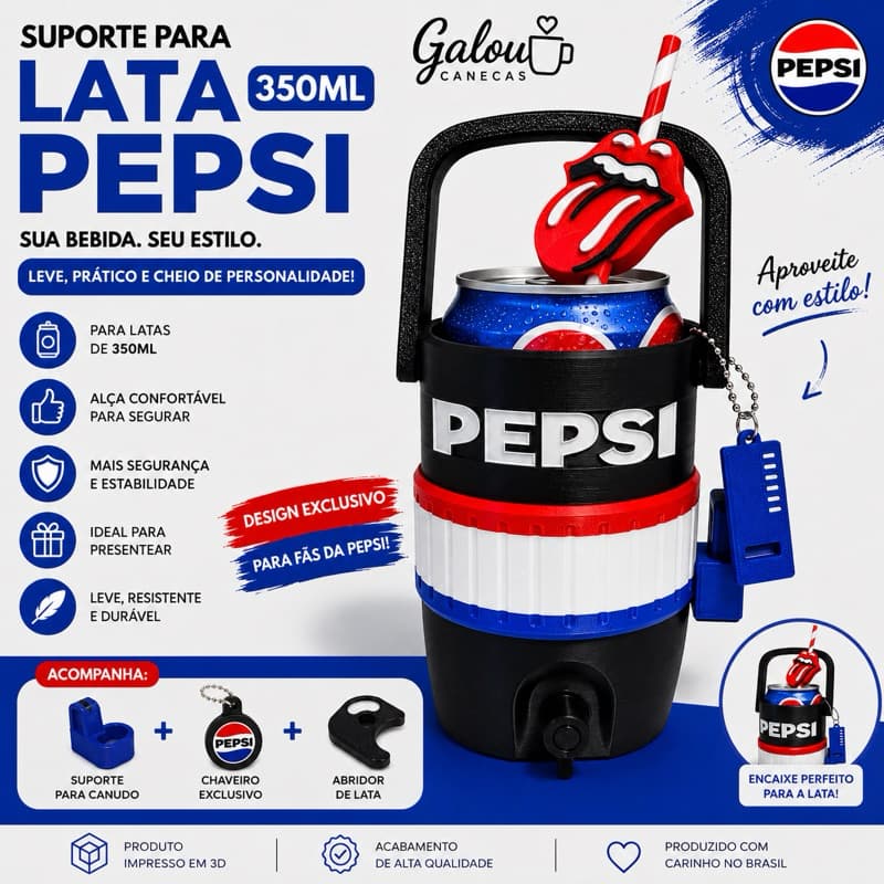 Suporte para Lata Pepsi 350ml com Alça + Suporte para Canudo + Chaveiro + Abridor | Porta Lata 3D Presente Criativo