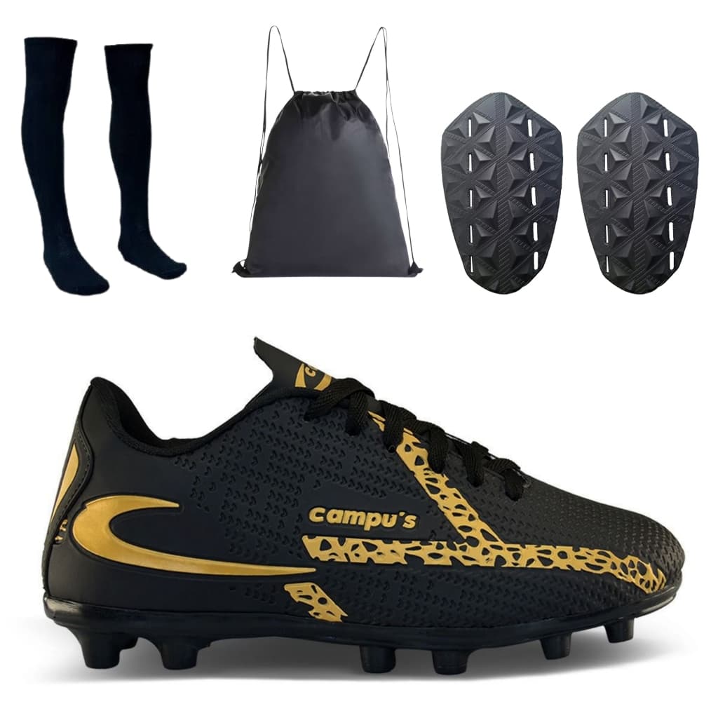 Kit Chuteira De Campo Trava Masculina com Caneleira Meião e Mochila