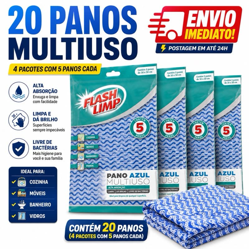 Pano Multiuso 20 Unidades | Pano para Limpeza Alta Absorção Uso Geral
