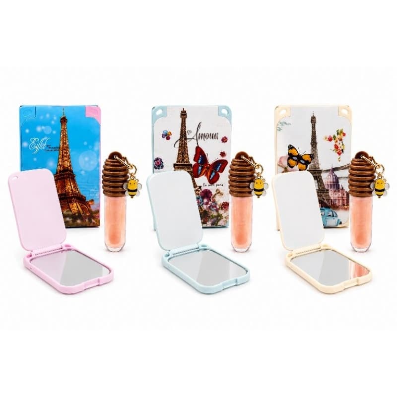 Espelho de Bolsa + Lip Oil Hidratante com Chaveiro Abelhinha |Kit  Espelho Compacto Portátil | Presente Feminino