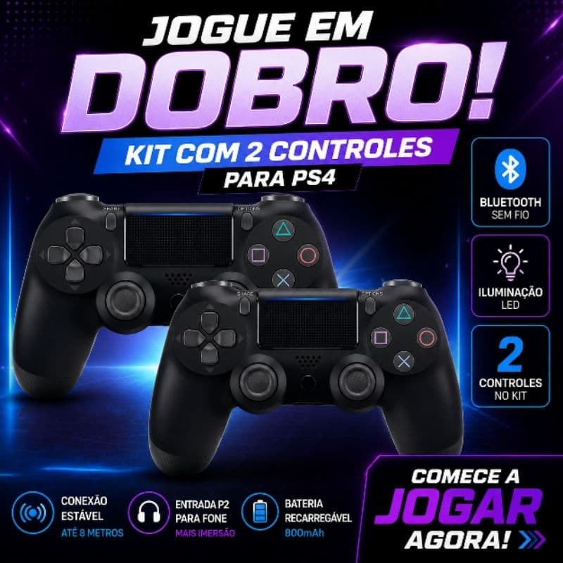 Controle PS4 Sem Fio Bluetooth Kit 2 Controles Wireless com LED Entrada P2 Recarregável Compatível PlayStation 4