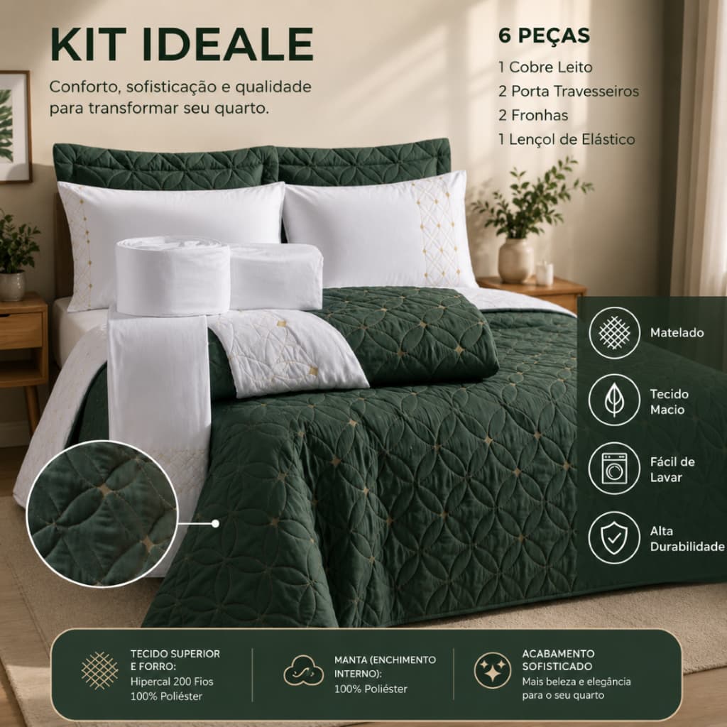 Kit Cobre Leito Ideale Super King 6 Peças Bordado com Lençol e Fronhas 200 Fios