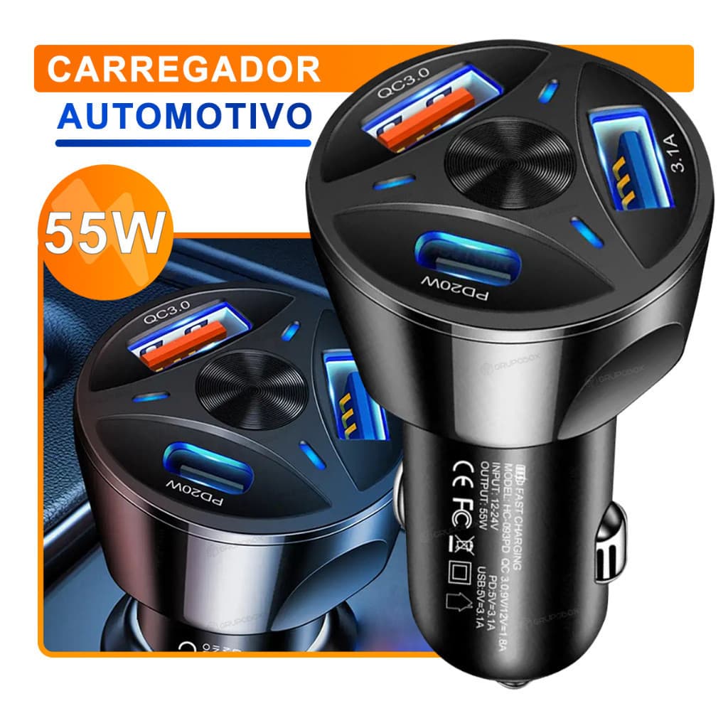 Carregador Veicular Turbo USB 3.0 USB-c USB 3.1A Carregamento Rapido 55w