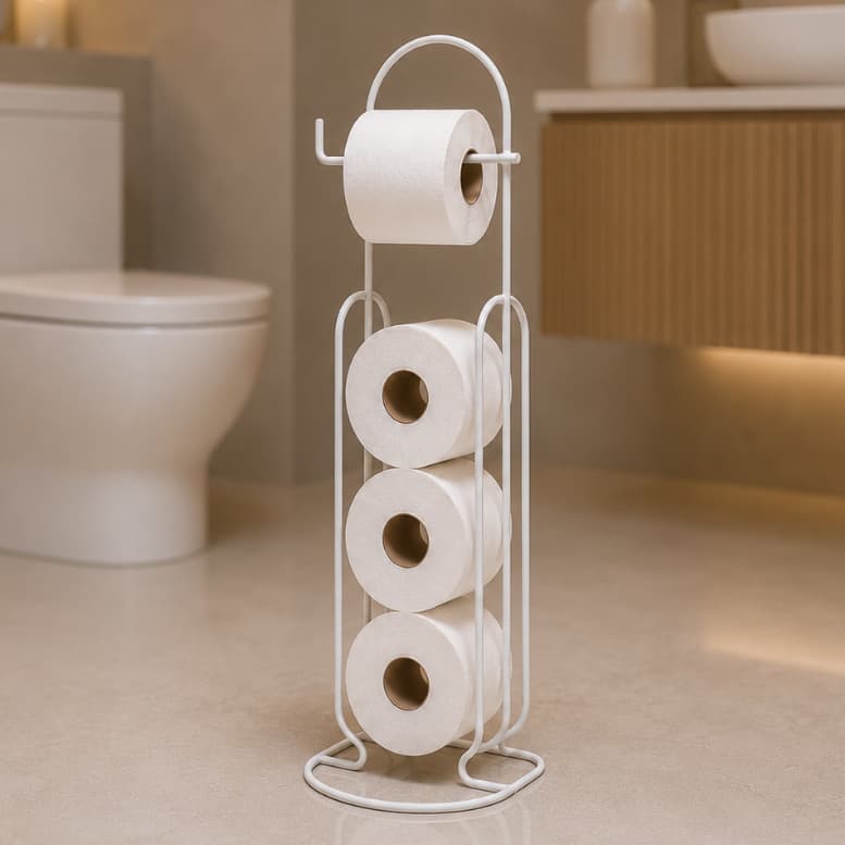 Porta Papel Higiênico Chão Preto Banheiro Suporte Papel Resistente Reforçado Branco Dourado