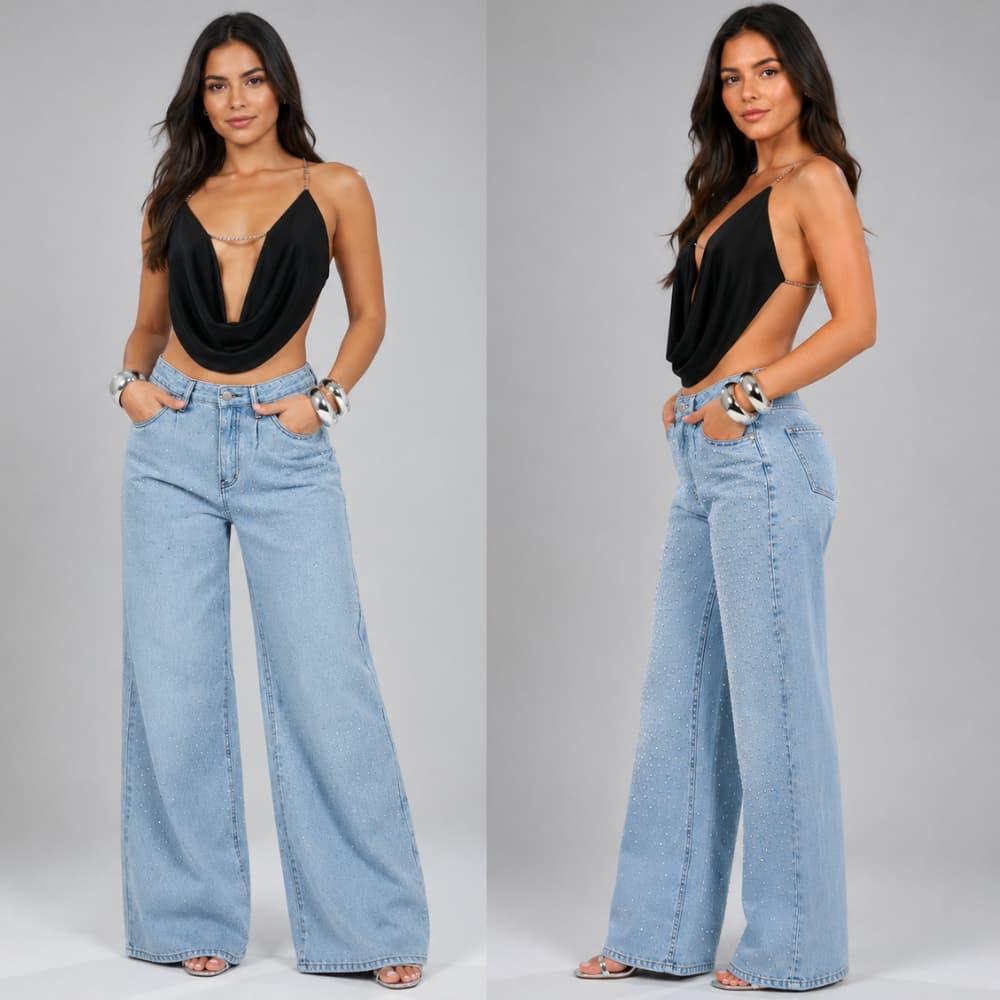 Calça Jeans Wide Leg Com Strass na Frente, Cintura Alta - Modelo Brilho de Luz
