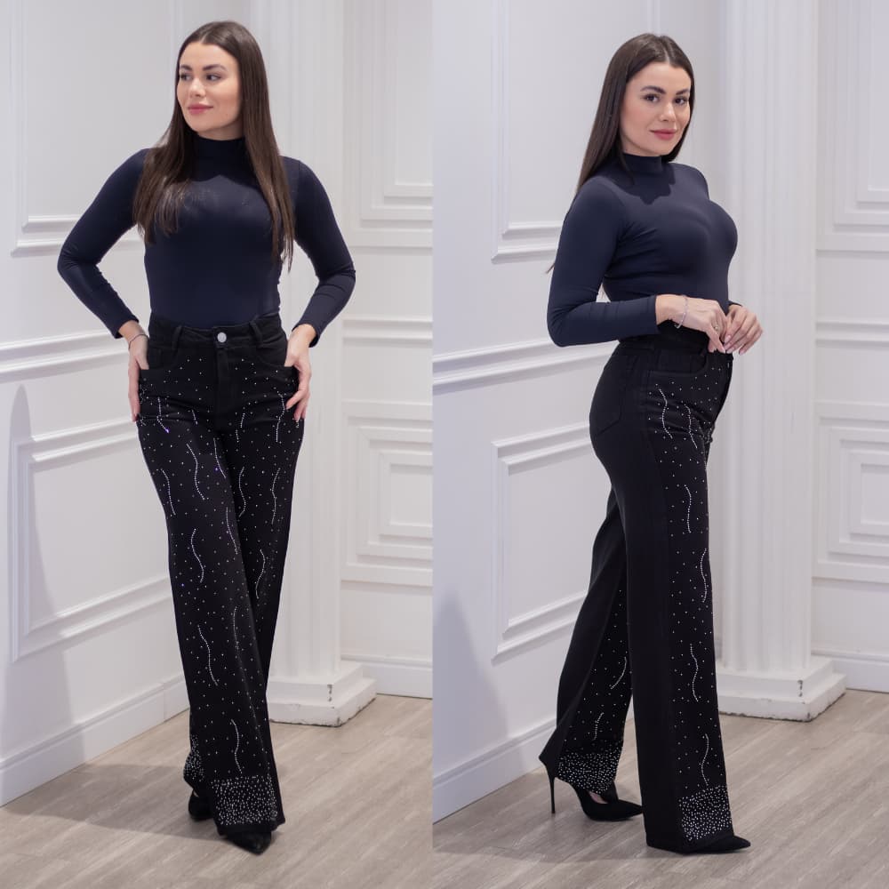 Calça Jeans Wide Leg Com Strass na Frente, Cintura Alta - Modelo Ondas De Cristal