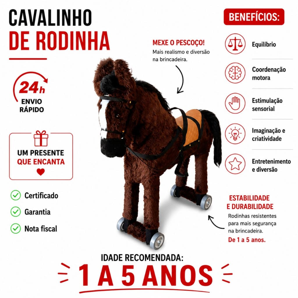Cavalinho Rodinha Padrão Brinquedo P/ Criança Mexe Pescoço 1/5 anos Fantástico