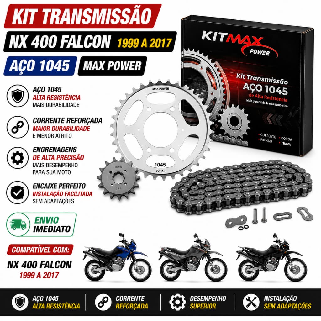 Kit Transmissão Relação Nx 400 Falcon 1999 ate 2017 Aço 1045 Max Power