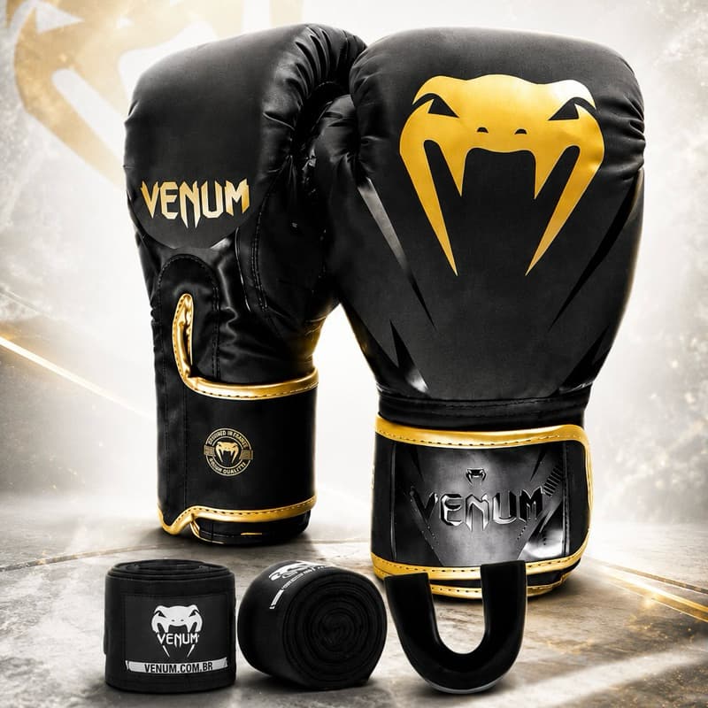Kit Luva Venum Impact Evo Gold Muay Thai Boxe bandagem Protetor bucal dourada dourado