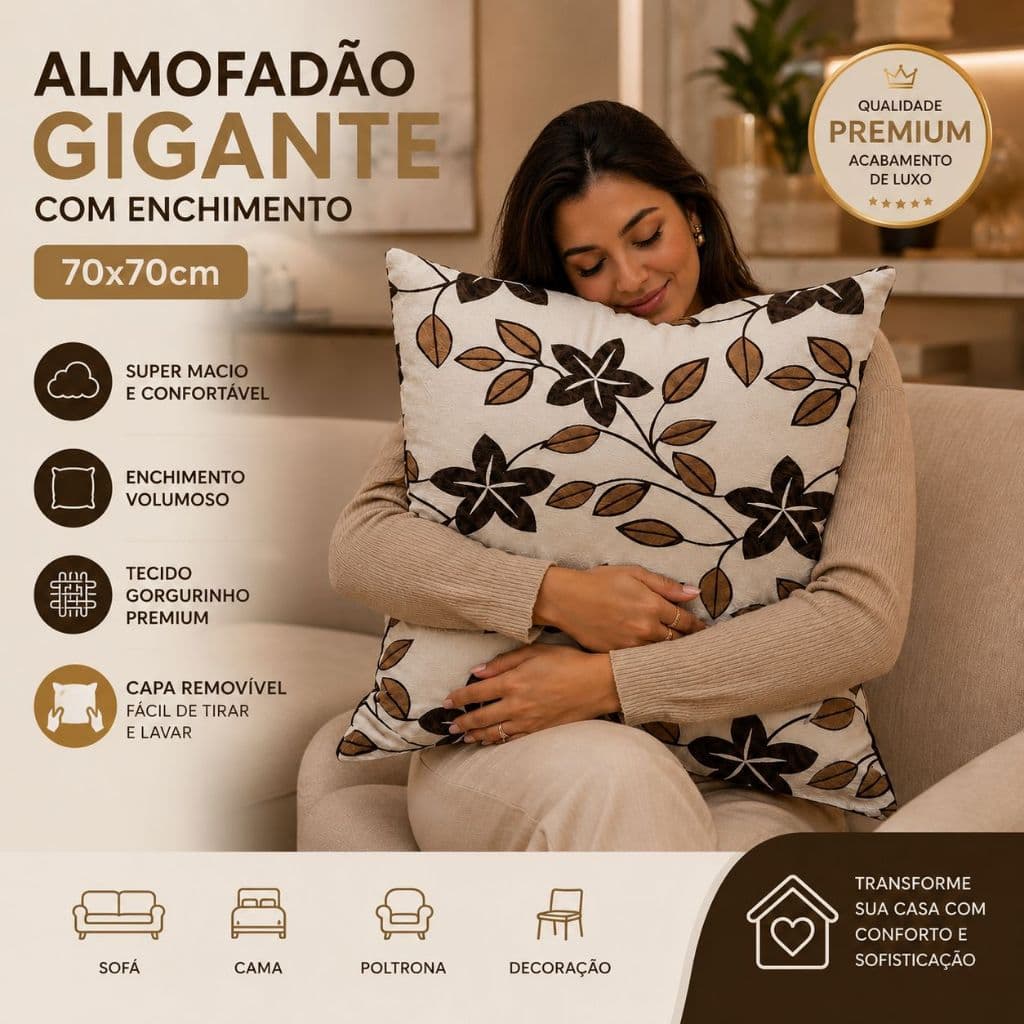 ALMOFADA GIGANTE c\ENCHIMENTO | ALMOFADÃO DECORATIVO COM CAPA REMOVÍVEL 70X70cm UNITÁRIO