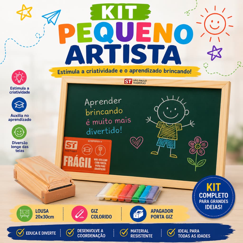 Kit Pequeno Artista Infantil Lousa Quadro Verde 20x30cm com Giz Colorido e Apagador Porta Giz Educativo