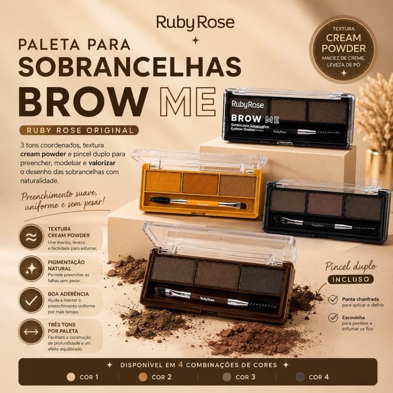 Paleta Para Sobrancelhas Brow Me Ruby Rose Original 3 Tons Cream Powder