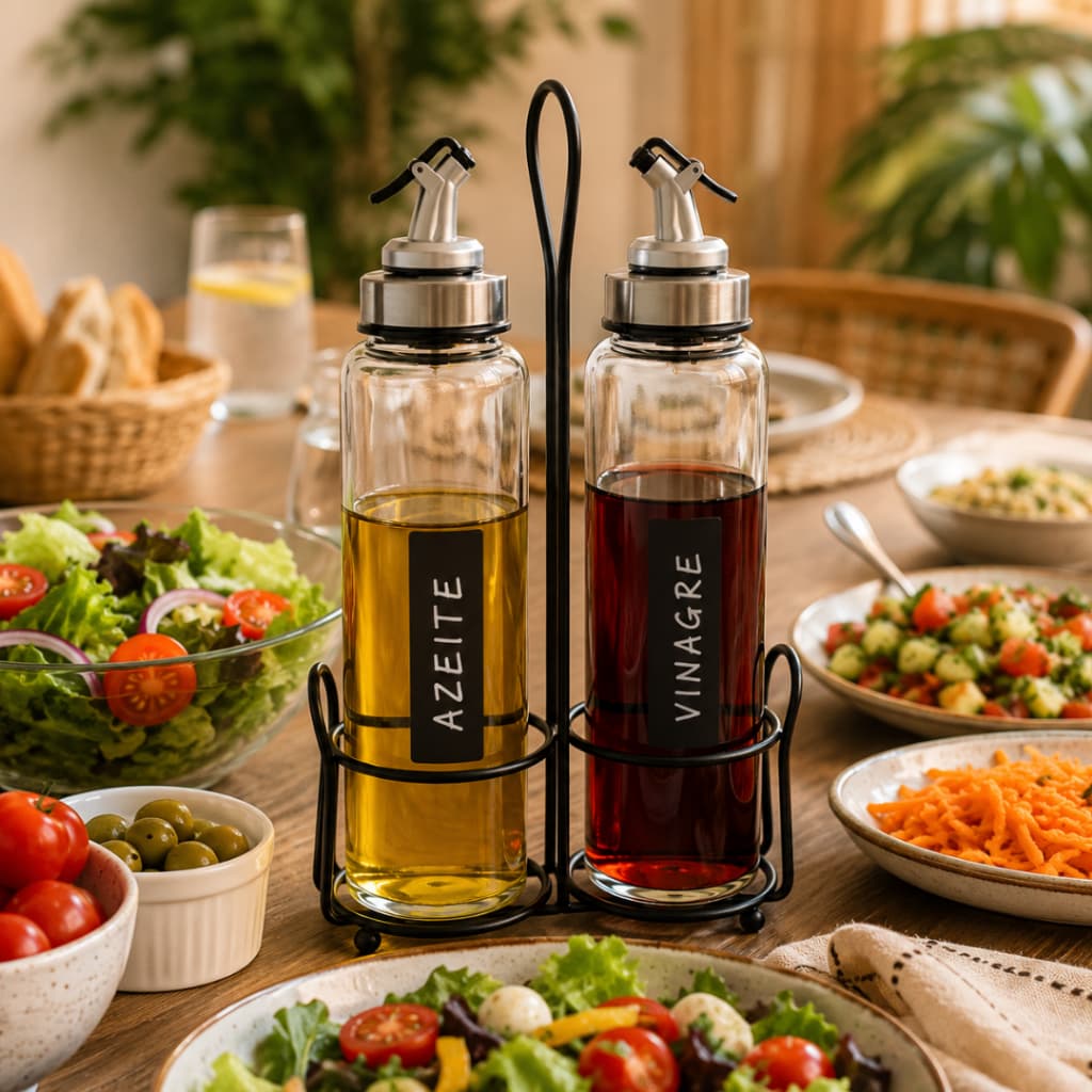 Galheteiro 2 Frascos de Vidro 529ml para Azeite e Vinagre com Bico Dosador Antigotas e Suporte em Aço