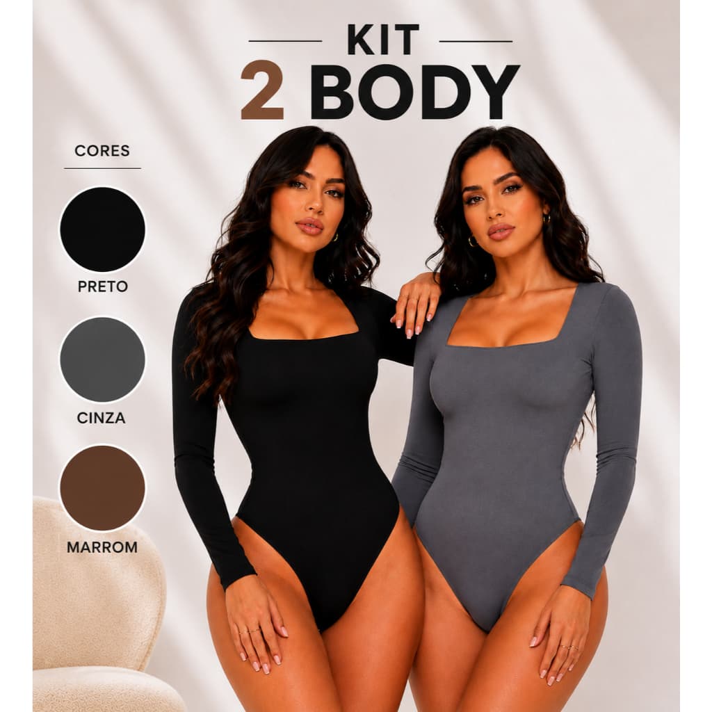 Kit 2 Body Feminino Decote Quadrado Manga Longa Suplex PREMIUM Segunda Pele Frio Plus Size P M G  GG