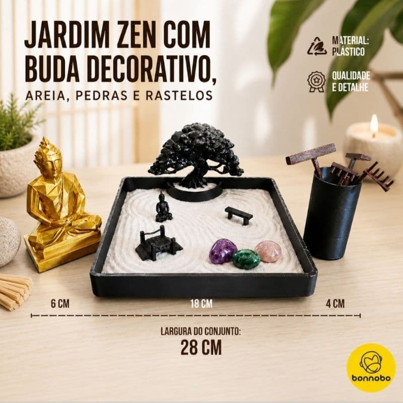 Jardim Zen com Buda Decorativo com Areia Branca e Acessórios - Decoração Espaço Zen e para Meditação