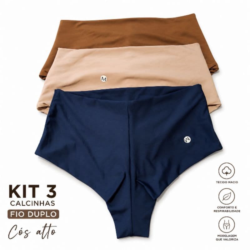 Kit 3 Calcinhas Fio Duplo Microfibra Cós Alto | Conforto Premium | P ao G1