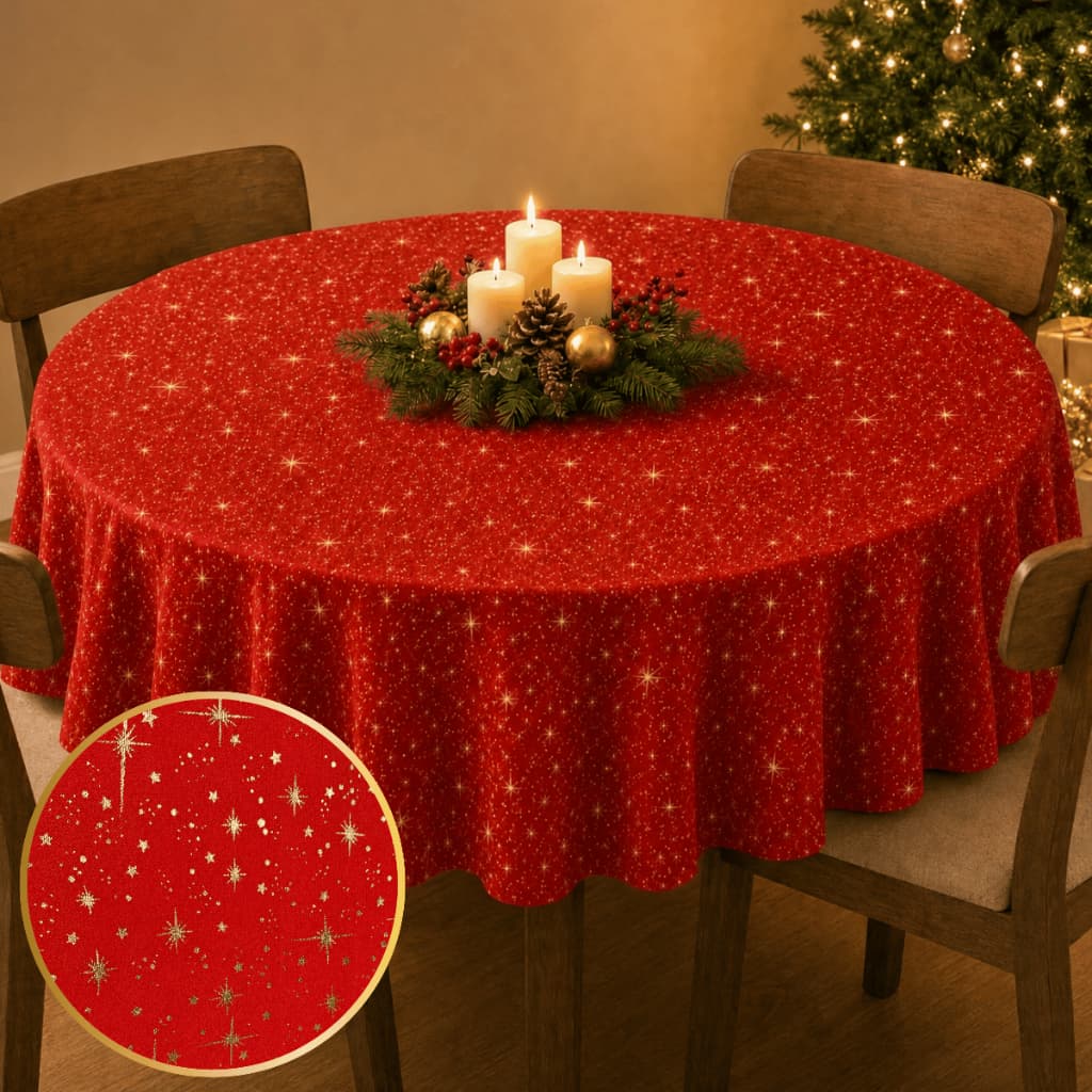 Toalha de Mesa Natal Redonda 1,50x1,50 Decoração Moderna Festiva Decorativa Fios Dourados