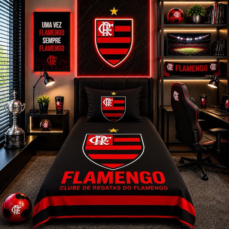 Jogo de Cama Solteiro Estampa Rubro-Negra com Fronha – Lençol Decorativo 100% Poliéster