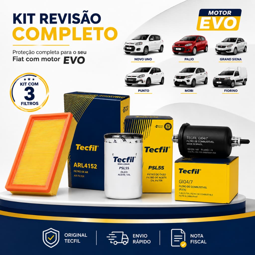 Kit Revisão Tecfil Fiat Novo Uno Palio Grand Siena Punto Mobi Motor EVO Filtro Ar Óleo Combustível Original