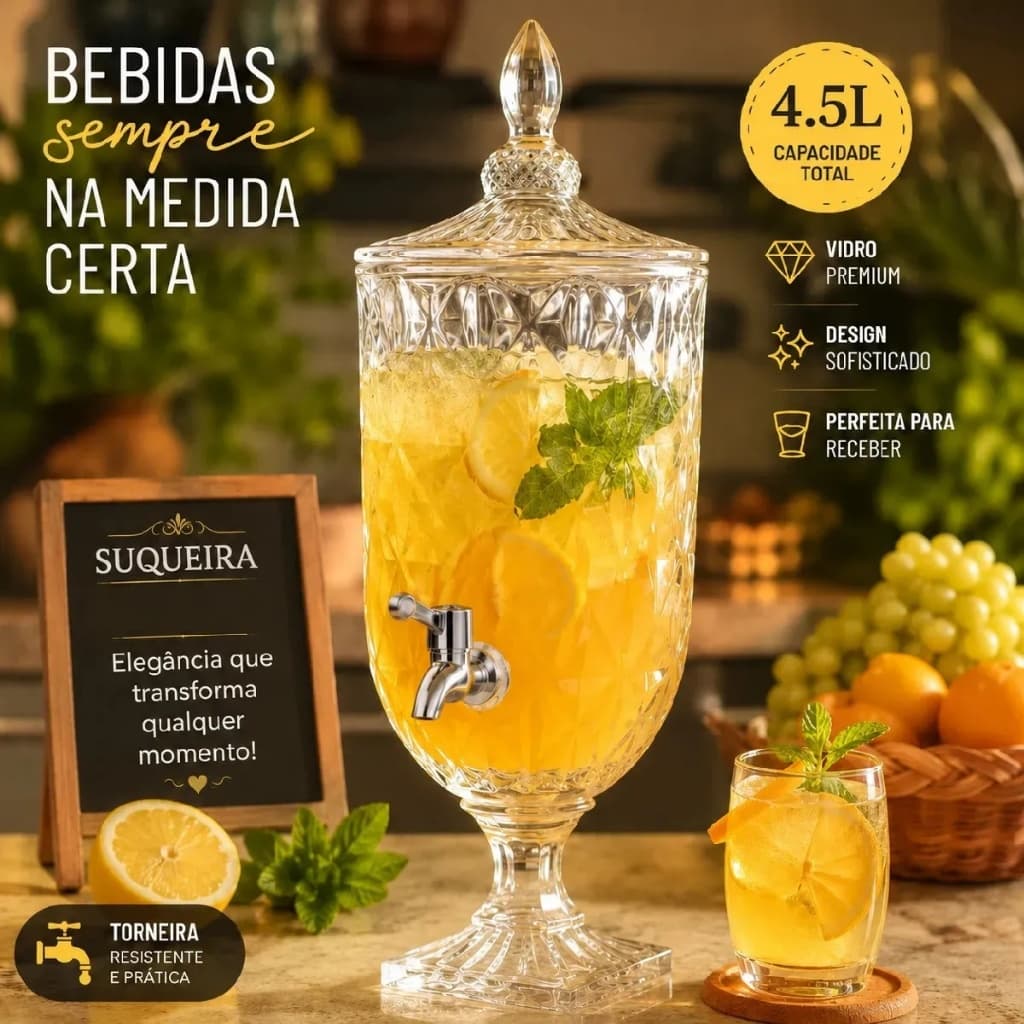 Suqueira Dispenser de Vidro 3 ou 4,5L Diamond Cristal Transparente Luxo Com Torneira Buffet Festas Água Saborizada