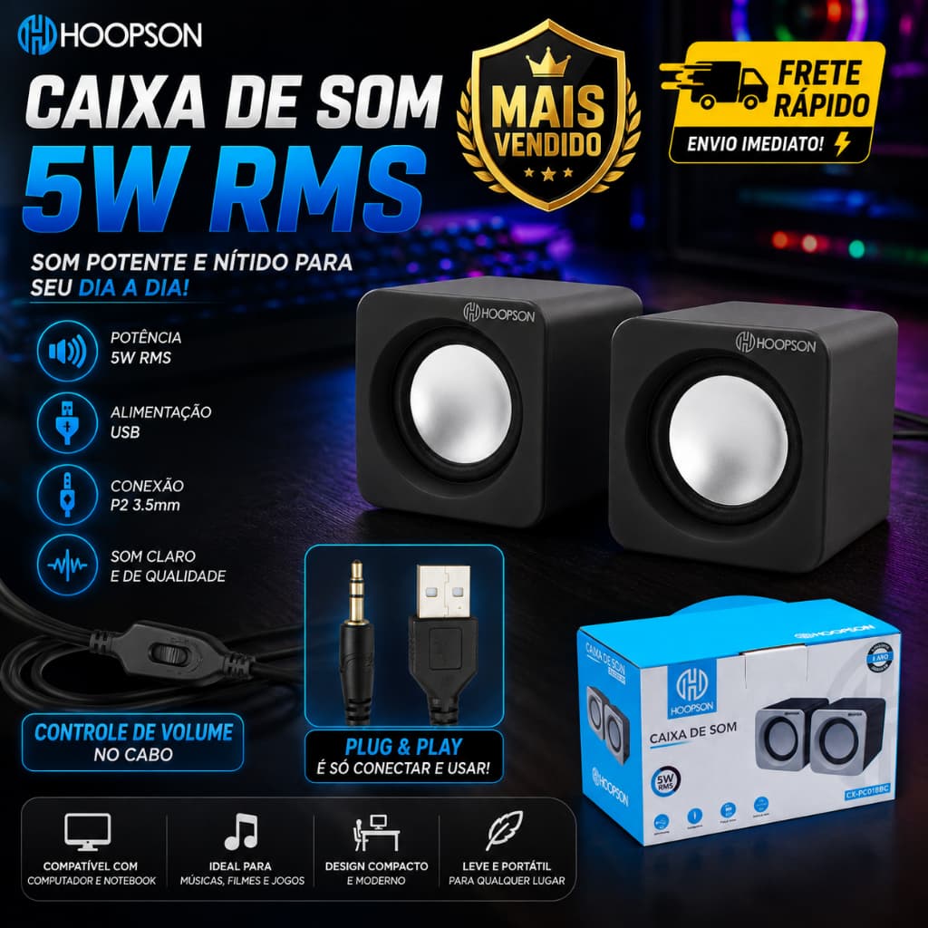 Caixa de Som para PC e Notebook USB P2 3,5mm com Controle de Volume cor Preta