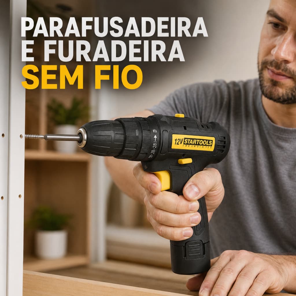 Parafusadeira e Furadeira 12V Sem Fio Bivolt  Bateria de Lítio 25 Ajustes LED Reversível