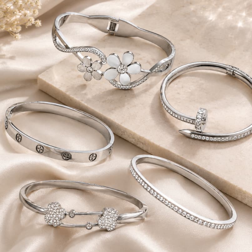 Bracelete Aço Inox 316L Prata Nao Escurece - Feminino Estilo Grife Trabalhada em Zirconia