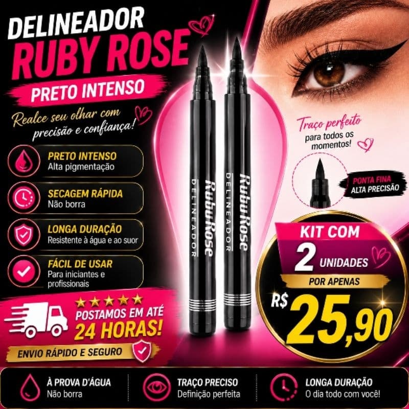 🖤Kit 2 Canetas Delineadoras Ruby Rose HB090 Pretas À Prova D'Água Longa Duração - Postagem em 24 Horas🖤