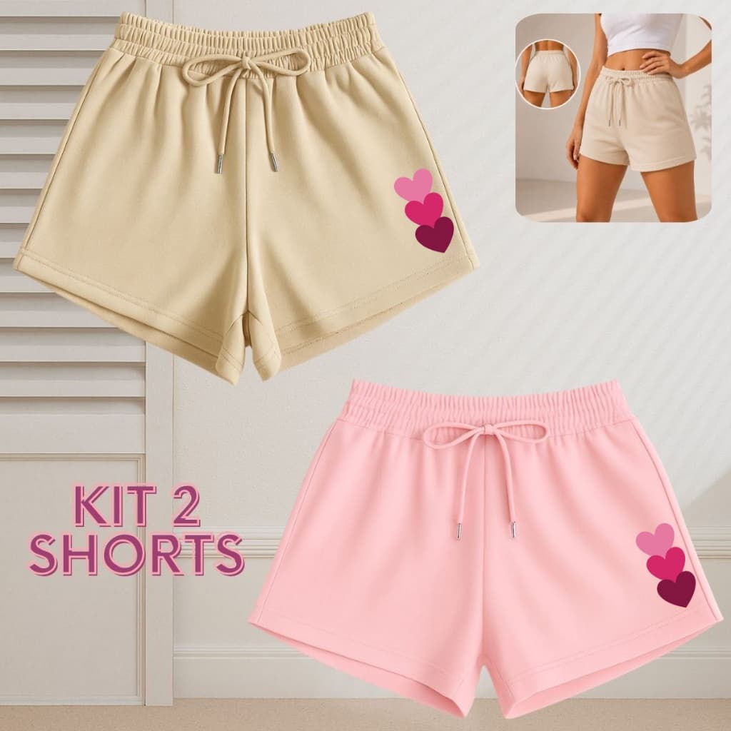 Kit 2 Shorts Femininos Cintura Elástica com Corações Moda Casual