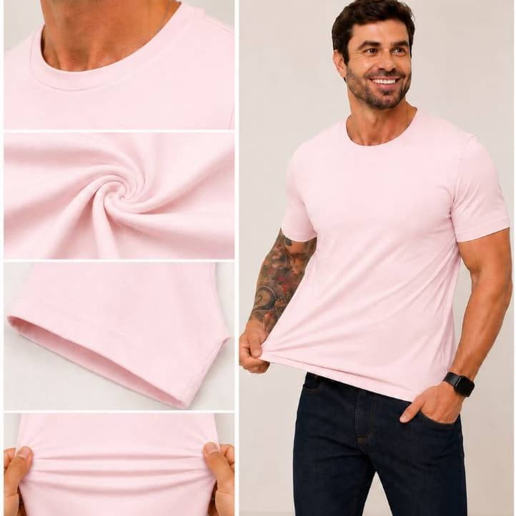 Camiseta Masculina Premium Importada Algodão Pima Peruano Rosa Bebê 5% Elastano Ajuste ao Corpo