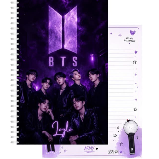 Caderno BTS universitário 75 folhas capa dura COM NOME