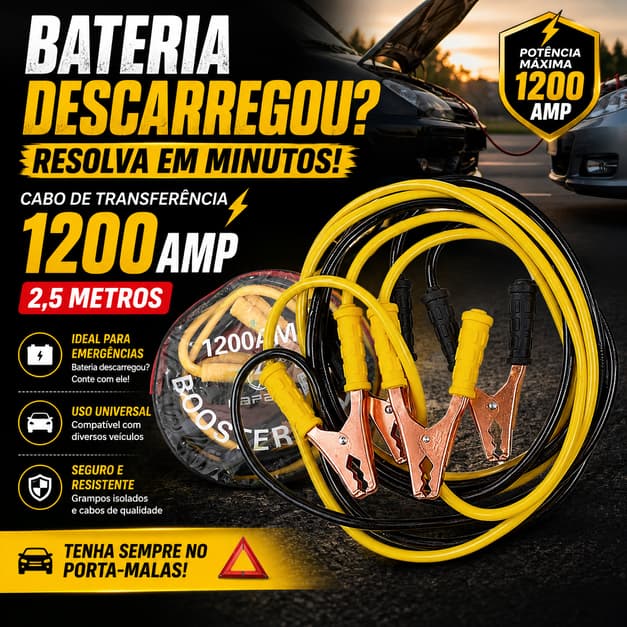 Cabo Chupeta 1200A 2,5m Transferência de Energia Bateria Automotiva Universal Reforçado