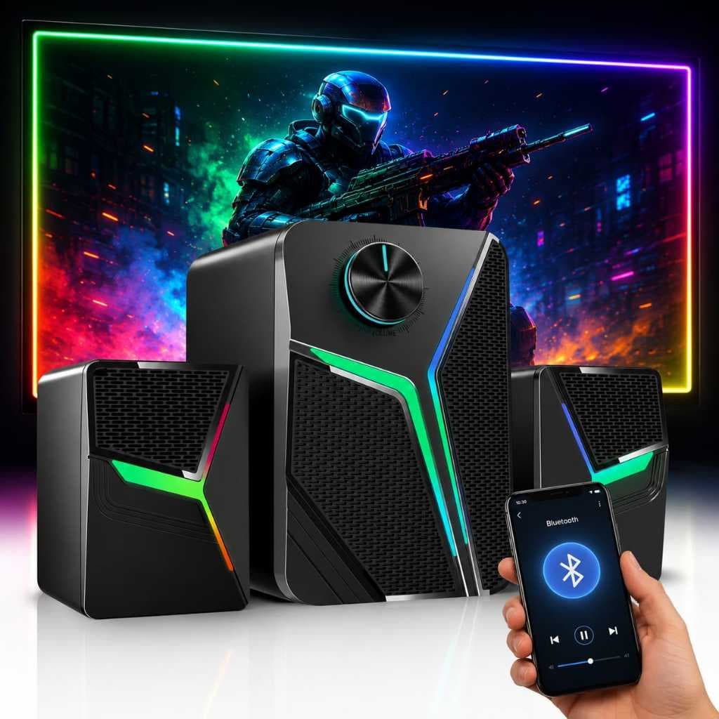 Caixa De Som Bluetooth Subwoofer Gamer Rgb 3 Em 1 Potente Pc