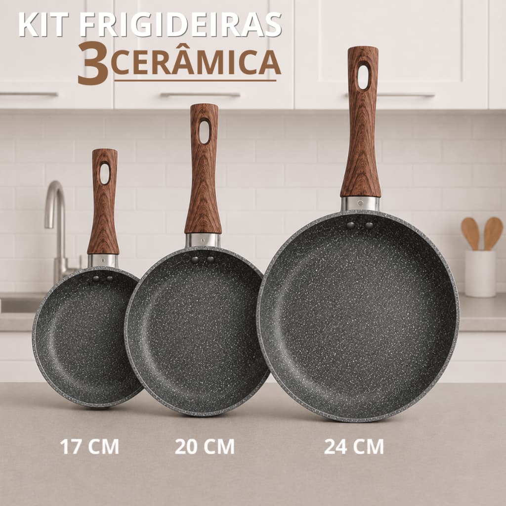 Kit 3 Frigideiras Revestimento Ceramico Antiaderente Indução 17cm 20cm 24cm