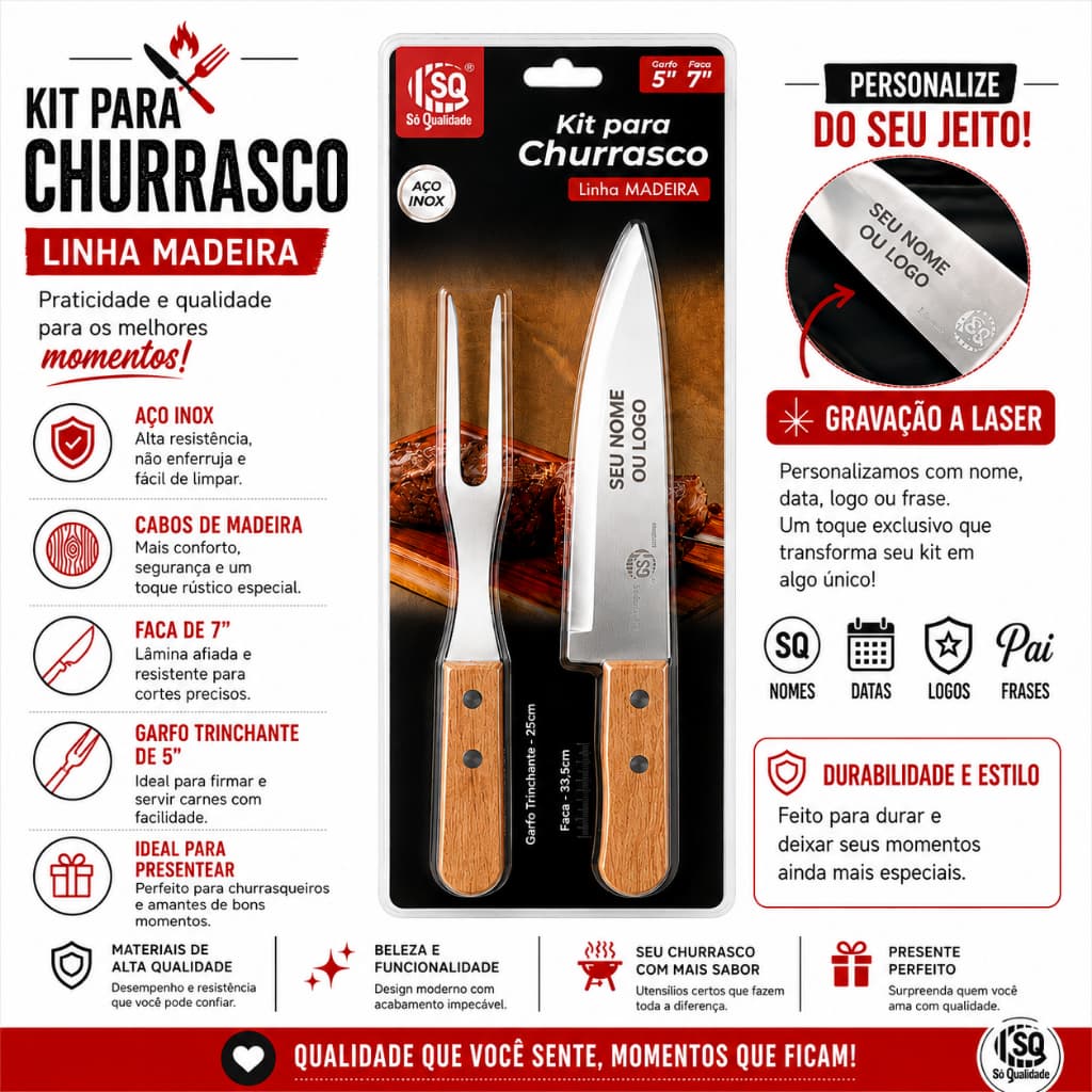 Kit Churrasco Personalizado Garfo Faca Presente Pai Gravado com Nome