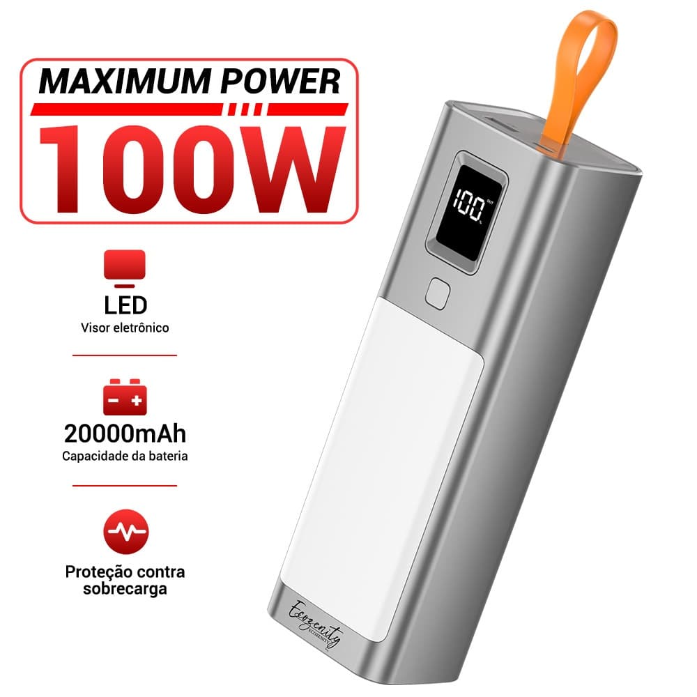 ECOZENITY powerbank 100W 20000MAH Carregamento rápido com dois tipos de cabos e tela LED Iluminação