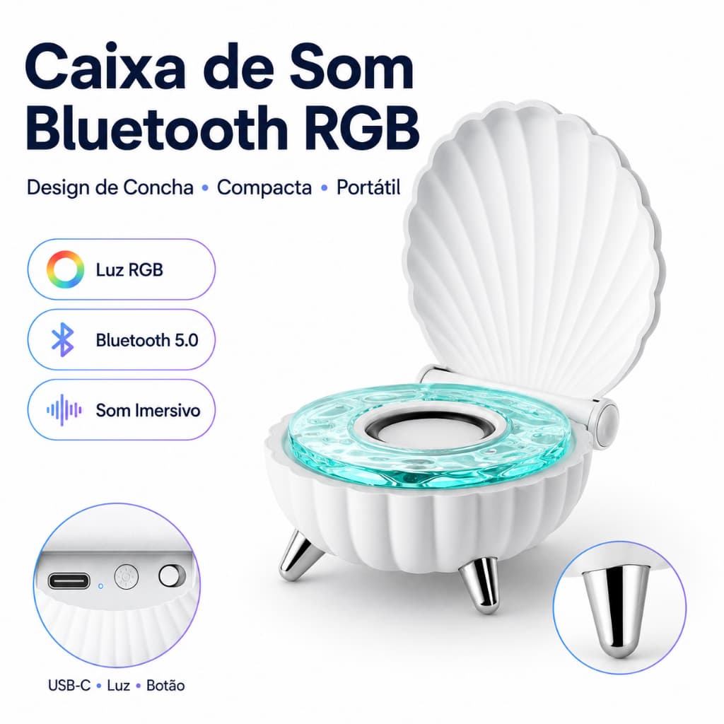 Caixa de Som Bluetooth Concha com Luz LED RGB Portátil para Quarto e Decoração