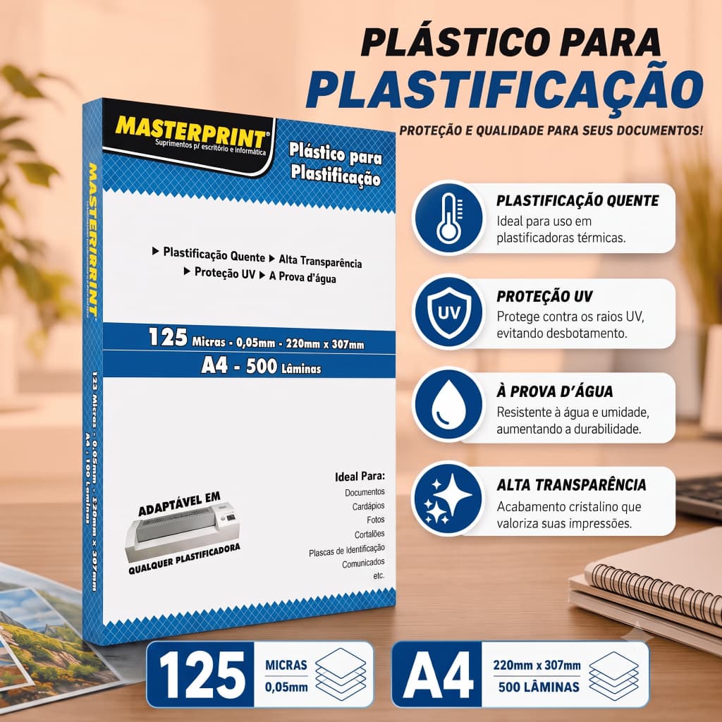Plástico Para Plastificação A4 125 Micras 500 Folhas 220x307mm Para Documentos Encadernação Masterprint