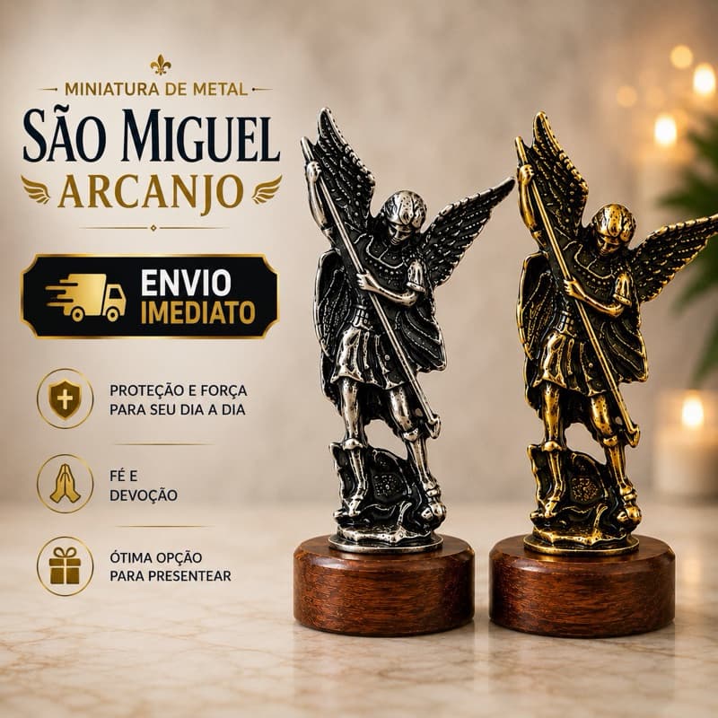 Miniatura São Miguel Arcanjo em Metal com Base de Madeira