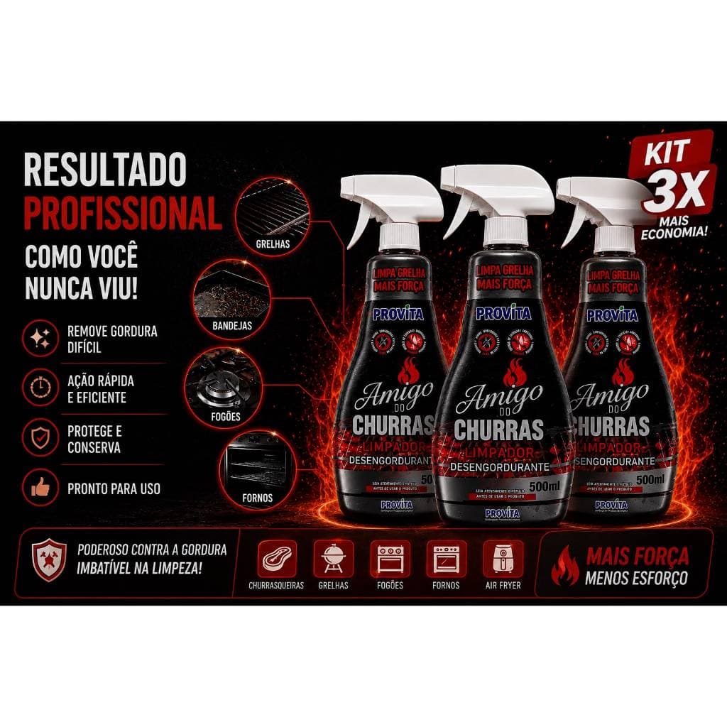 Kit 3 Limpa Grelha Fogão Desengordurante 500ml Limpa Churrasqueira Forno Grelha Ação Repelente de Moscas