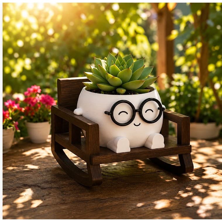 Vaso 3D Fofo com Óculos 20cm e Cadeira Balanço em PLA para Suculentas Decoração Criativa Presente