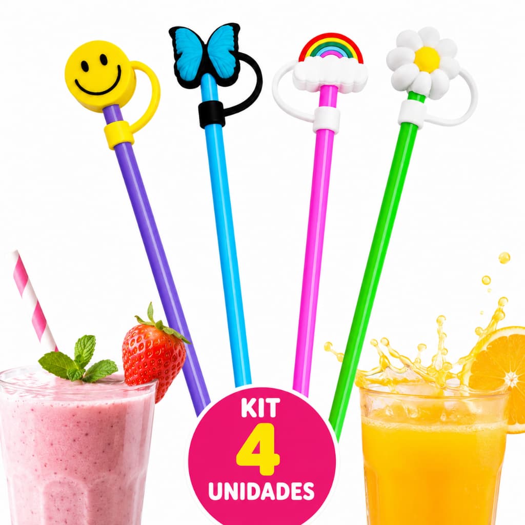Kit 4 Canudos Divertidos Infantil Reutilizáveis Com Tampa Protetora 23 cm e 6mm