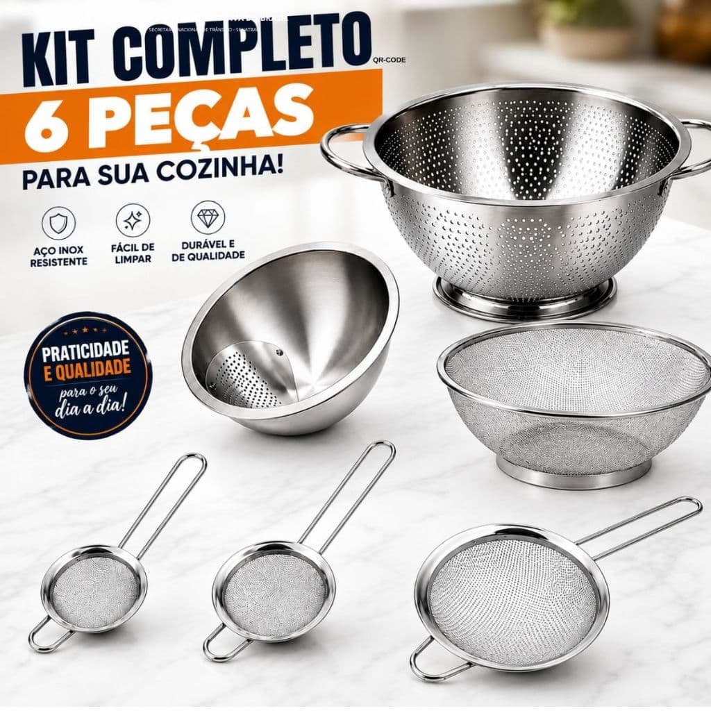 Kit Escorredor Massa 28cm + Escorredor Arroz 20cm + 3 Peneiras Inox + Escorredor Telado 21cm