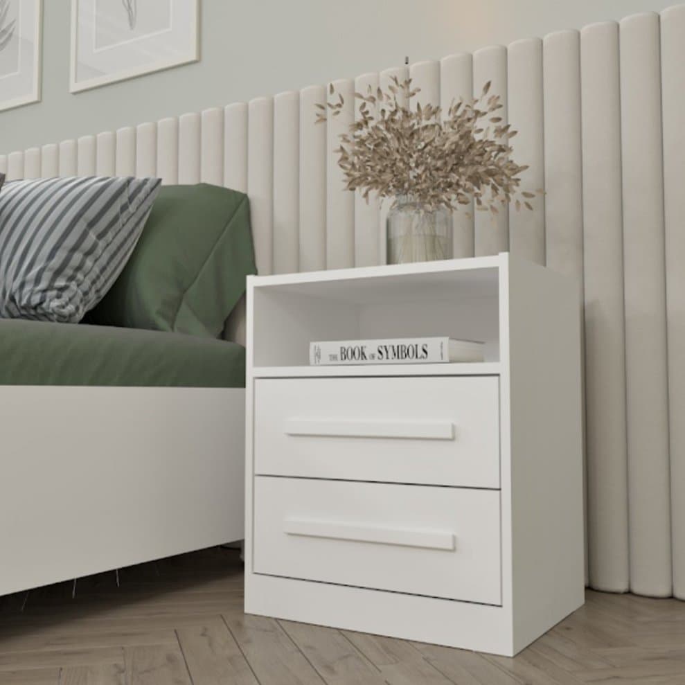 Mesa de Cabeceira Barcelona Branco Compacta com 2 Gavetas