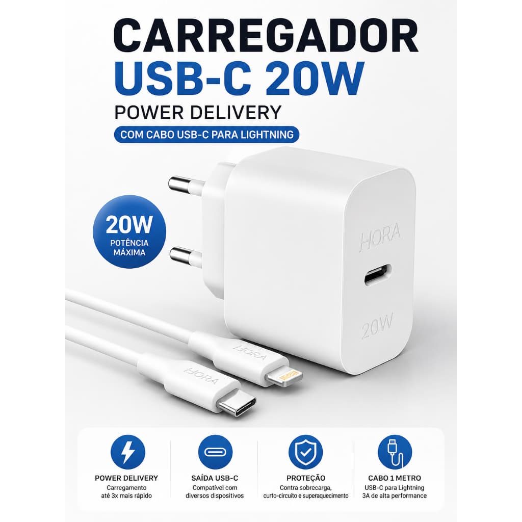 Carregador de Celular USB-C 20W Power Delivery com Cabo USB-C para Lightning 3A 1 Metro