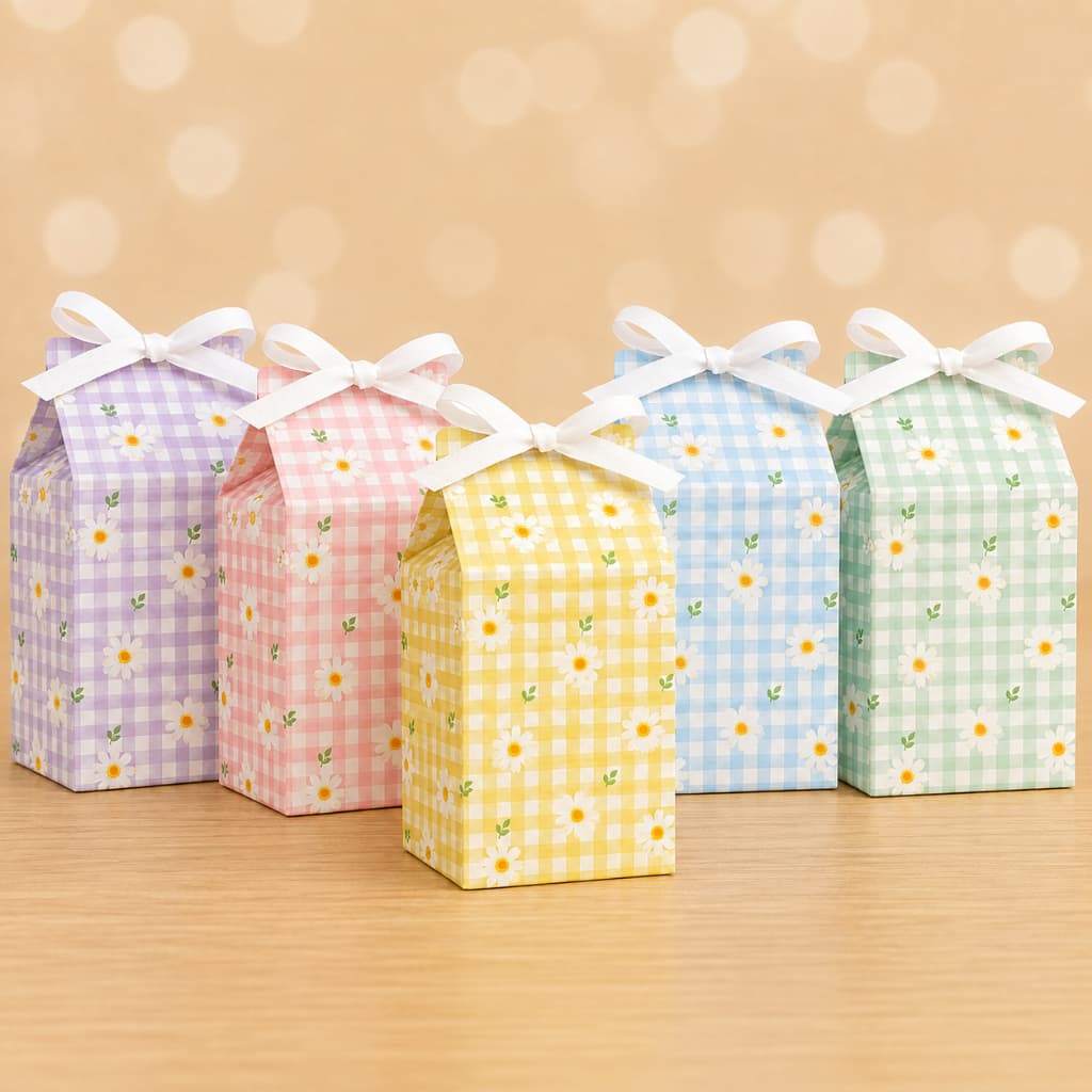 Caixa Milk Margaridas Xadrez Colorida | Lembrancinha Personalizada Festa Infantil